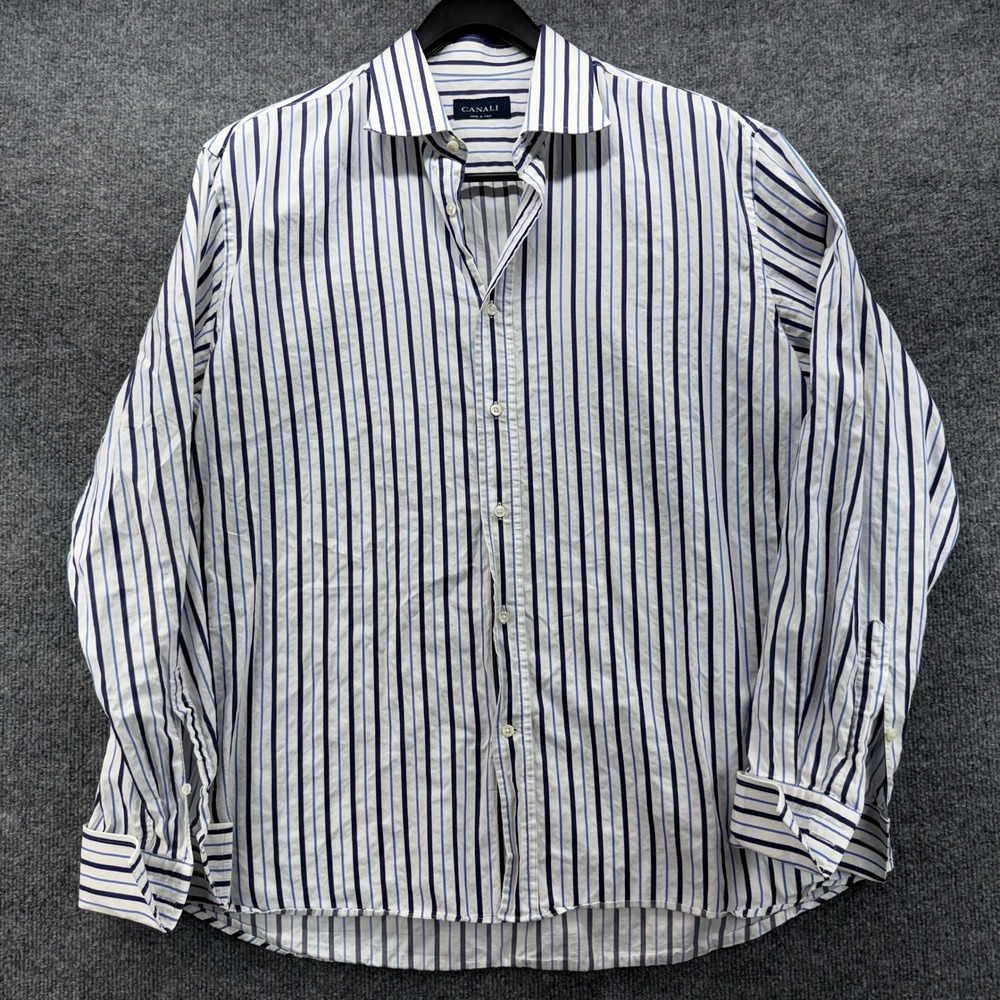 Canali Mens Blue White Stripe Dress Shirt 17 1/2 44 Made in Italy Cotton‎